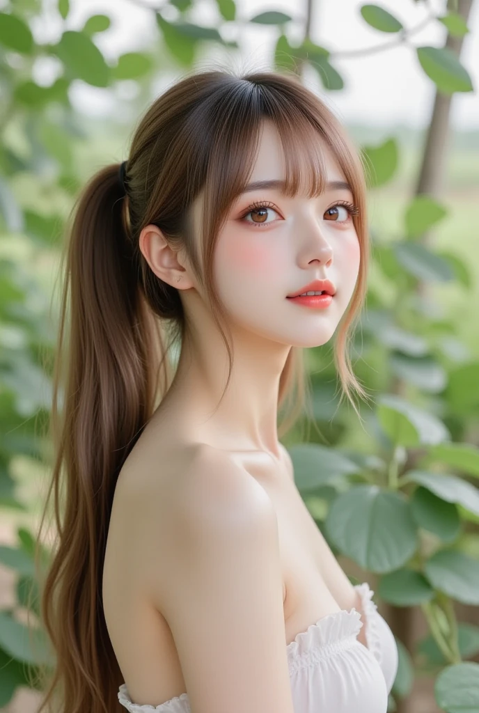 highest quality, Realistic, 8K, High resolution, 1 Girl, woman, (Skin dents), (Portraiture:0.6), nice, ((White Background, Completely naked, Small breasts:1.65)), (Brown hair in a ponytail, Parted bangs:1.4), Watching the audience, (1 Girl eyes Watching the audience:1.6), Realistic, (Bokeh), (Closed Mouth, smile:1.3), nice, Purelos Face_V1:1,