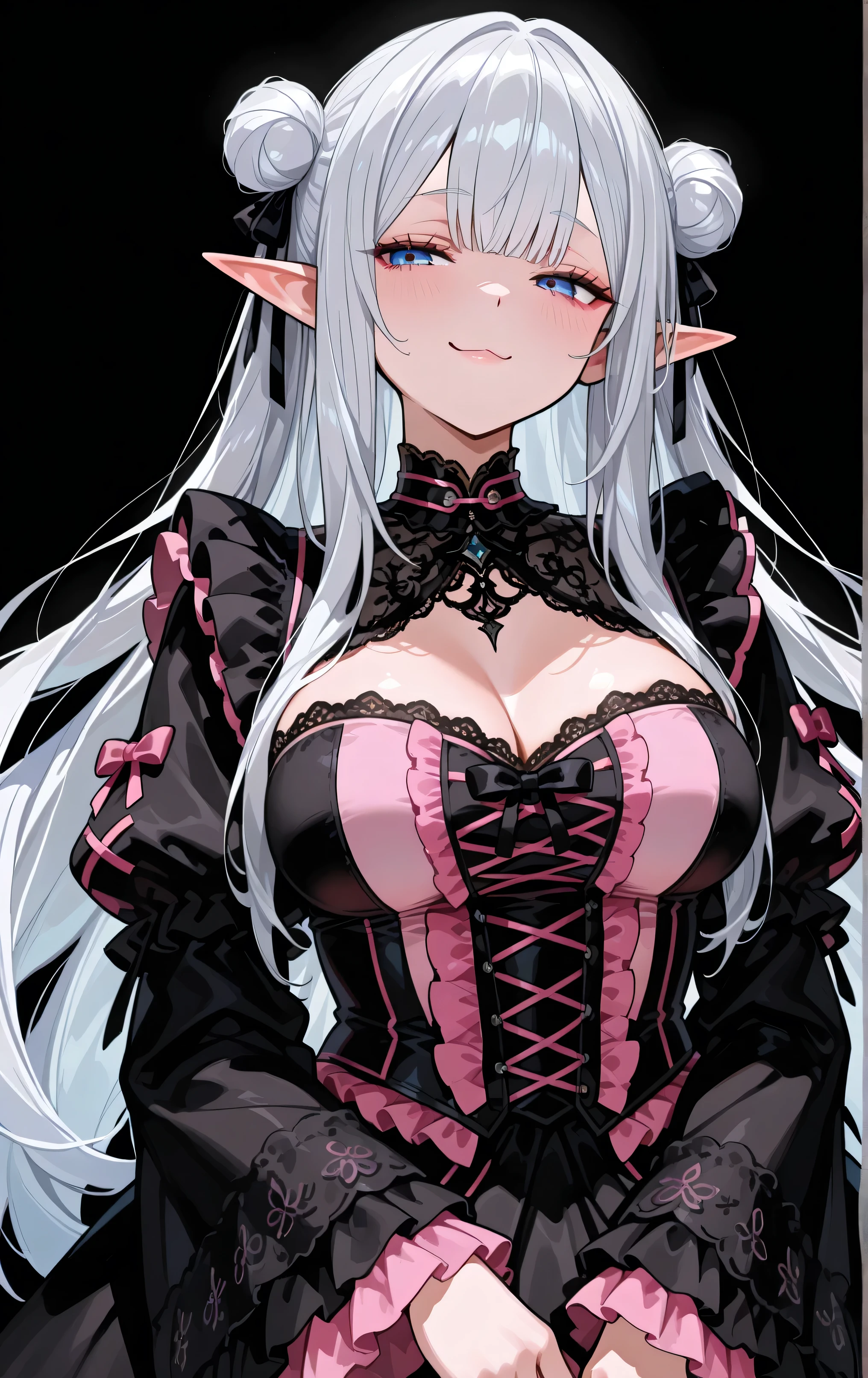 chubby mature woman, elf ears, blue irises, blue eyes, half-lidded almond-shaped eyes, medium breasts, pink and black japanese gothic dress with lace and frills, black silk bolero with flowing kimono sleeves and high neckline, double buns with straight bangs, silver hair, a beautiful fox-like face in a mischievous smug expression, dark black background