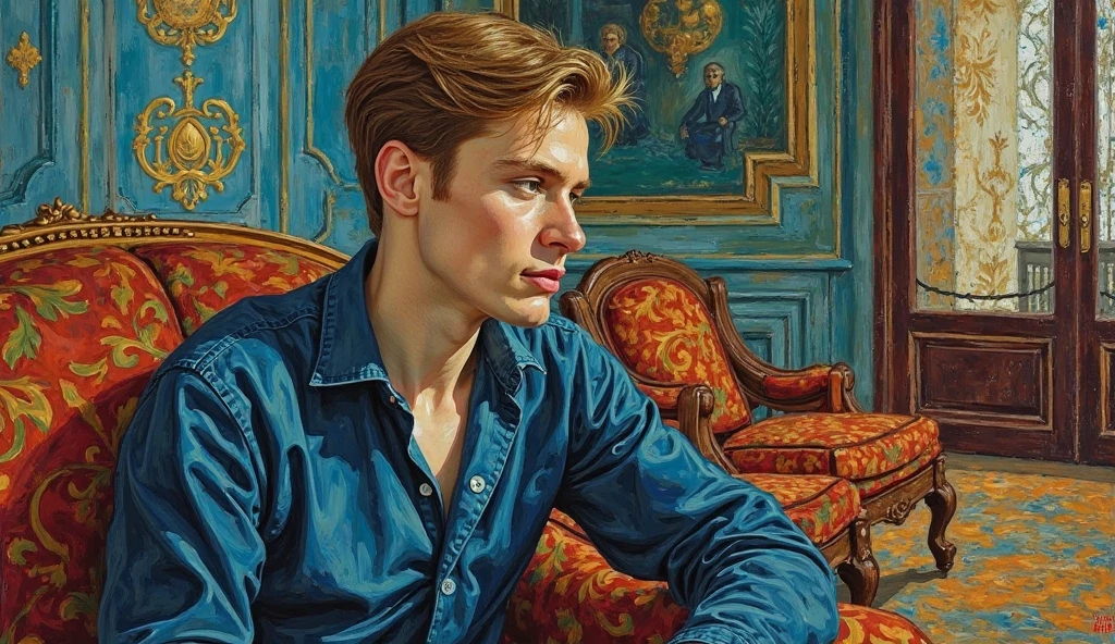 homoerotism illustration , symetric composition, in oil painting romanticism and realism style, full body of a young man sitting on a sofa with his feet open arms extended on the sofa, arrogant look and smile, shirtless barefoot wearing shorts, in an art nouveau deco living room, large windows to see New York Central Park atmosphere of wealth and power, very detailed scene. Red hair, blue eyes, maximum male beauty perfect symmetrical body, slim muscular, focus on the details of your body,