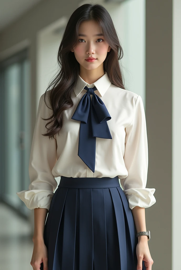 detailed background, masterpiece, best quality, 1 person , curly hair, long hair, purple eyes, star in eye , grey blouse, long  skirt, grey,, grey blouse , beautiful bow, detailed bow, , covered 