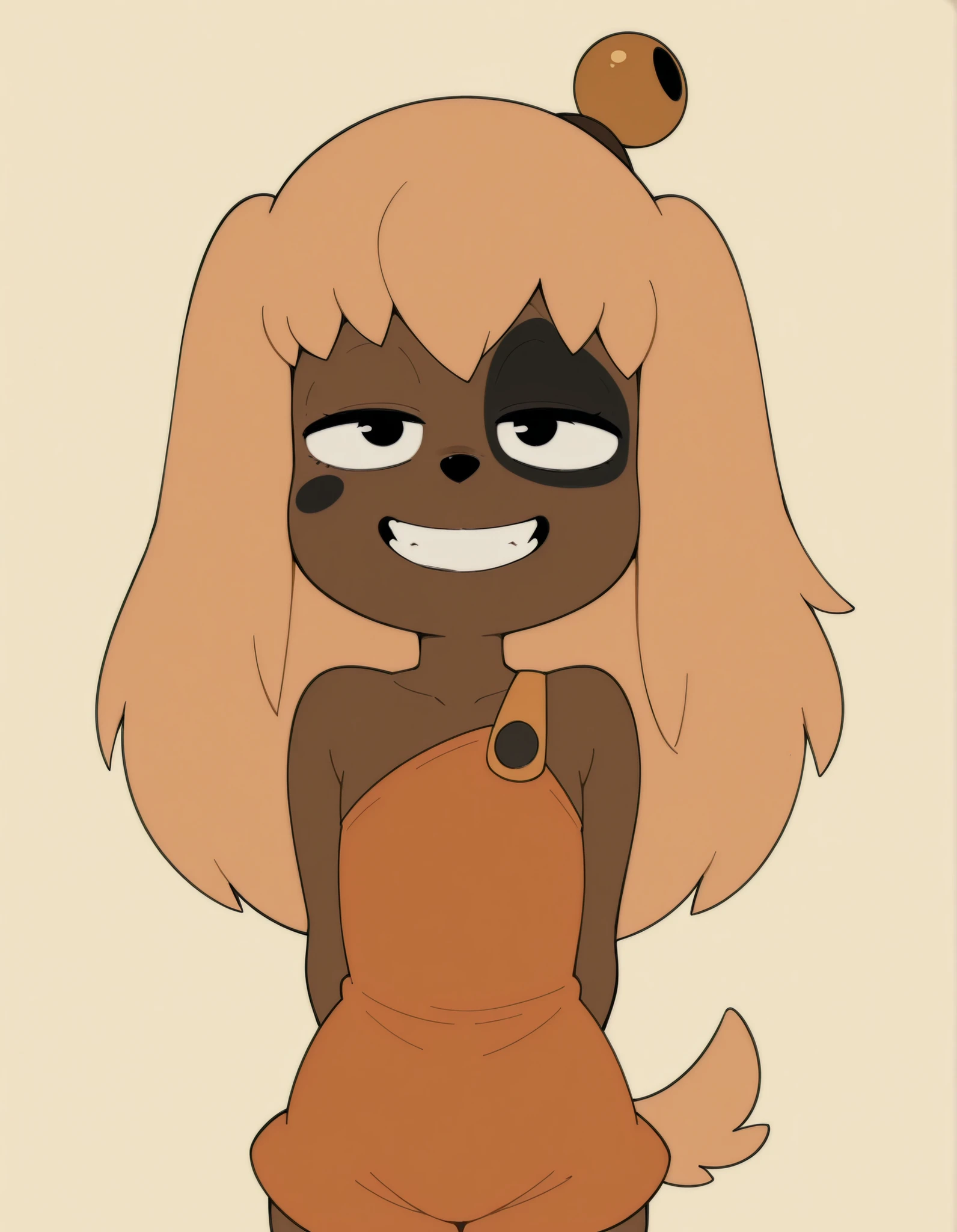 lilotte, solo, furry female, 1girl, young, long hair, dog ears, black eyes, orange overalls, blonde hair, tail, hair bell, animal nose,smile, looking at viewer, simple background, grin, teeth, arms behind back,
