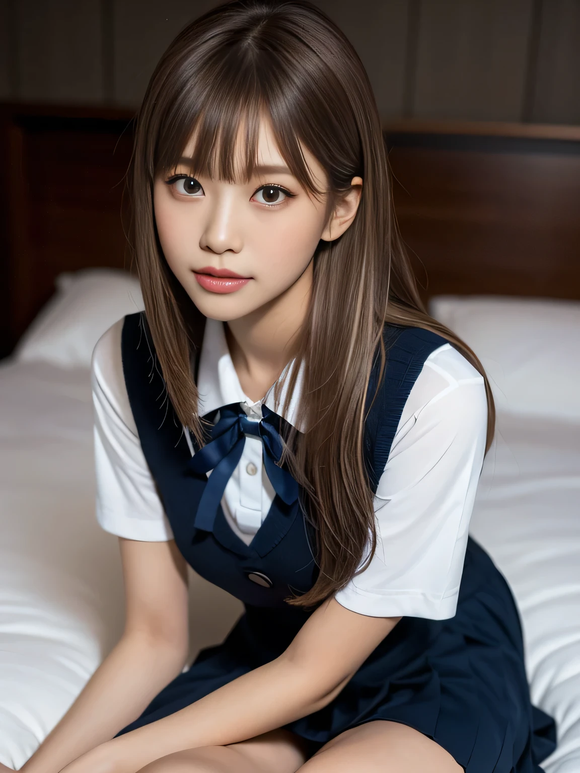 masterpiece, Best Quality, 8K, 20 yo, huge breasts, cuddly, Solo, sad, Cute, Girly, Delicate girl, Neat and clean beauty, Raw photo, Professional Photography, Portrait, Soft light, Professional Lighting, Back lighting, Upper body, front view, (on all fours, hotel room), Sophisticated, Film grain, (Eyes and faces with detailed:1.0), short length floating hair, beautiful flowing hair, bangs, High school girl uniform、Super Short Check Uniform Skirt、Navy blue high socks, Colossal tits、Don't expose it, expresses the roundness and softness of your chest., Protruding big, Erotic shorts, Standing Elegantly、beautiful thick legs