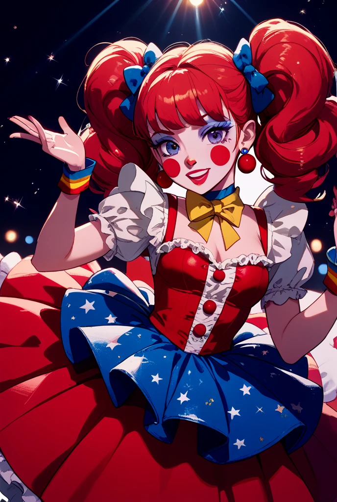 A female kindergarten clown, clad in a rubber suit adorned with a vibrant Stars and Stripes pattern, balances gracefully on a tightrope. Her oversized, split-hat adds a playful touch to her performance. Ultra-detailed, Realistic, 4K, HDR, circus setting, morning light, midshot, cheerful smile, expressive eyes, Colorful, Whimsical, Squared shapes, Soft edges, Bokeh in the background.
