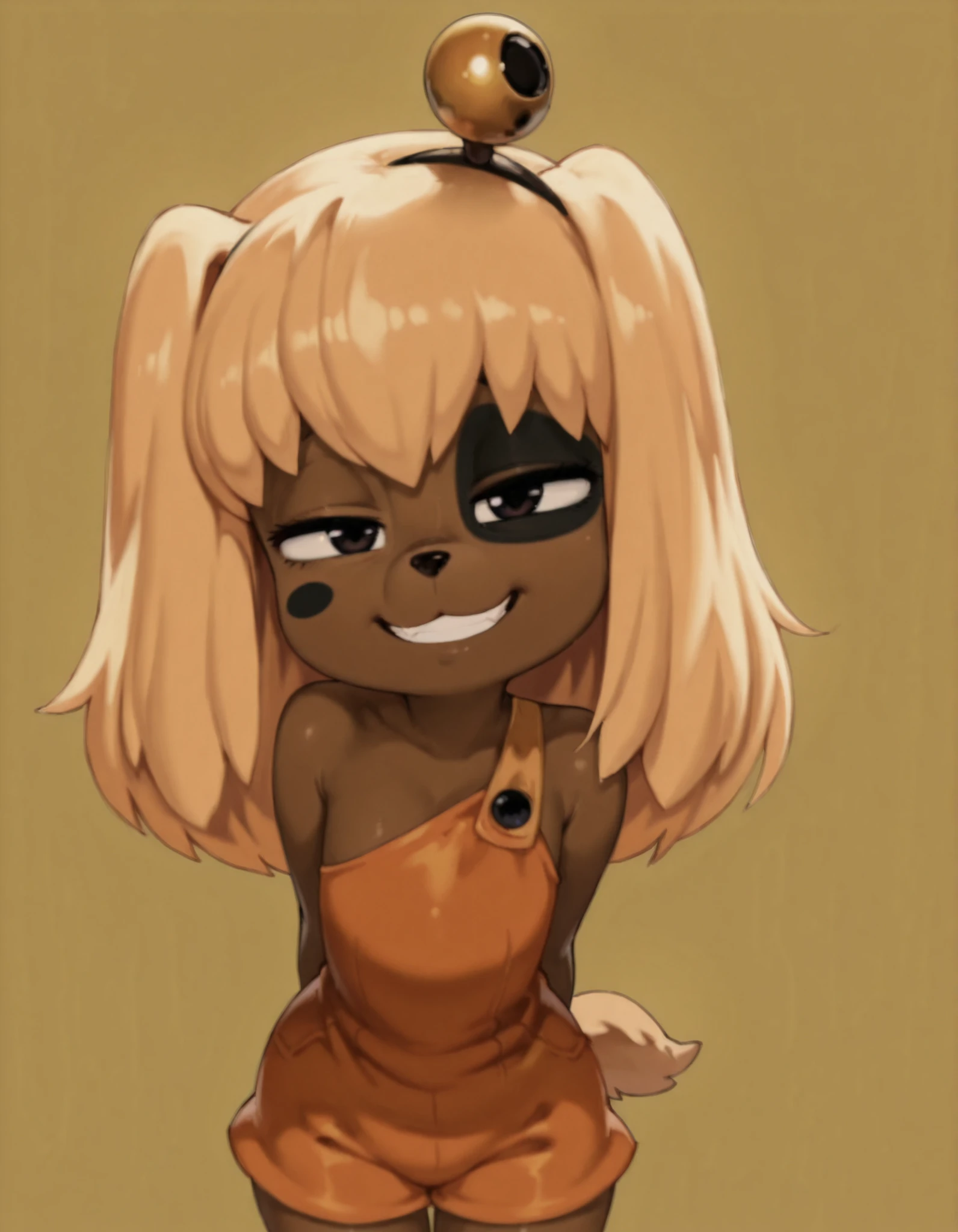 masterpiece, best quality, very aesthetic, 1girl,, lilotte, solo, furry female, young, long hair, dog ears, black eyes, orange overalls, blonde hair, tail, hair bell, animal nose,smile, looking at viewer, simple background, grin, teeth, arms behind back,