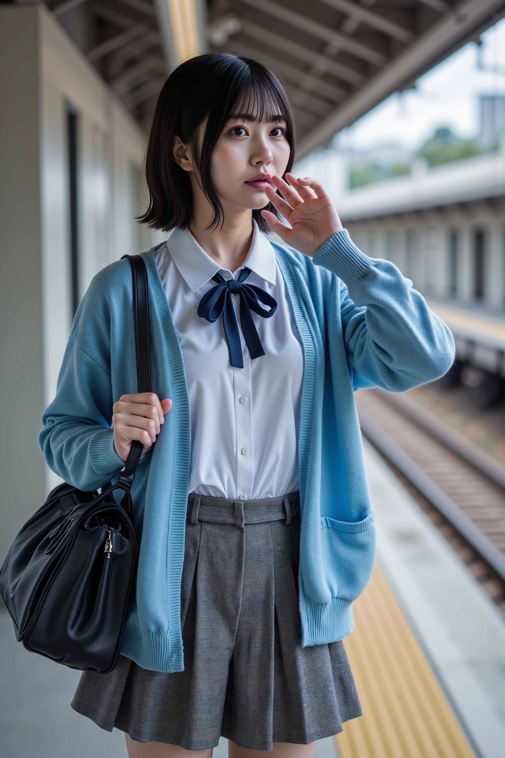a high resolution photograph of a Japanese young woman, (photo-realistic, realistic, masterpiece, best quality), Intricate details, extremely detailed, ultra high definition, 8k, film grain, lens flare glow, sharp focus, professional lighting, fashion shoot, solo, 1girl, (school uniform, sky-blue cardigan unbuttoned, white collared shirt, indigo string-tie, grey plaid pleated mini-skirt, white loose socks, black loafers, black school shoulder-bag), profile, upper body, pale skin, bob cut glossy hair with bangs, detailed face, detailed eyes, sophisticated nose, seductive lips, sensual face, detailed hands, detailed fingers, anatomically correct proportion, outdoors, train platform, suburban, [tokyu-tamagawa-line]