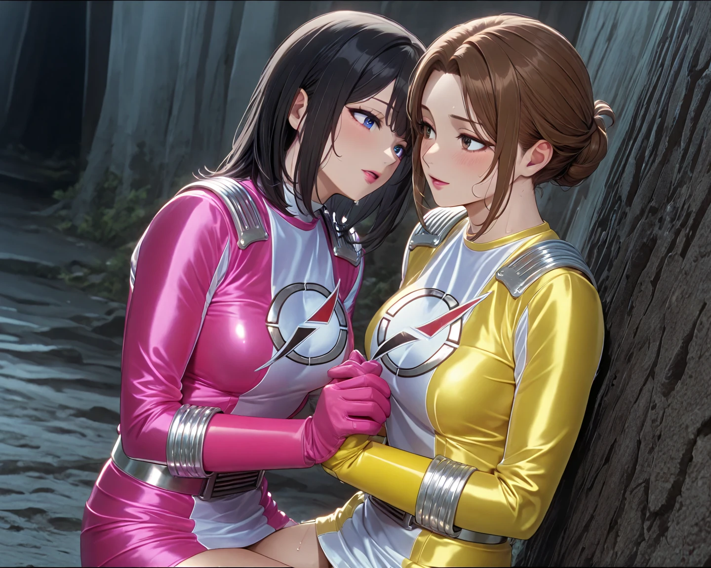 Luca Milfi、Gokaiger、Brown Hair、short hair、((pantyhose))、Picture below、Medium Chest、Bedroom、((Pink Ranger))、One Girl、((Bodysuits))