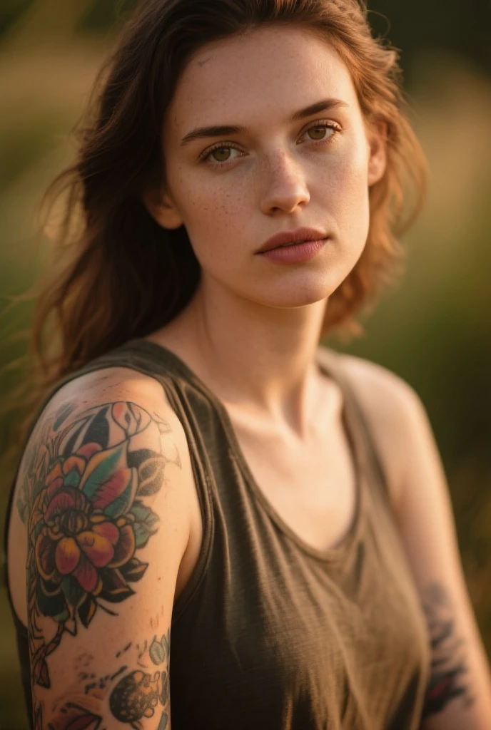 best quality, Fujifilm XF 56mm f/1.2 R Lens. HDR10, masterpiece, colorful, dynamic angle, highest detailed) Realistic photo, a cute European girl with iridiscent red hair, green eyes, flirting with POV, wearing overalls with one strap hanging, tattoos on body, ultra detailed textures, perfect night, field of wheat, (intricate details, hyperdetailed:1.15), detailed, moonlight passing through hair, (official art, extreme detailed, highest detailed)