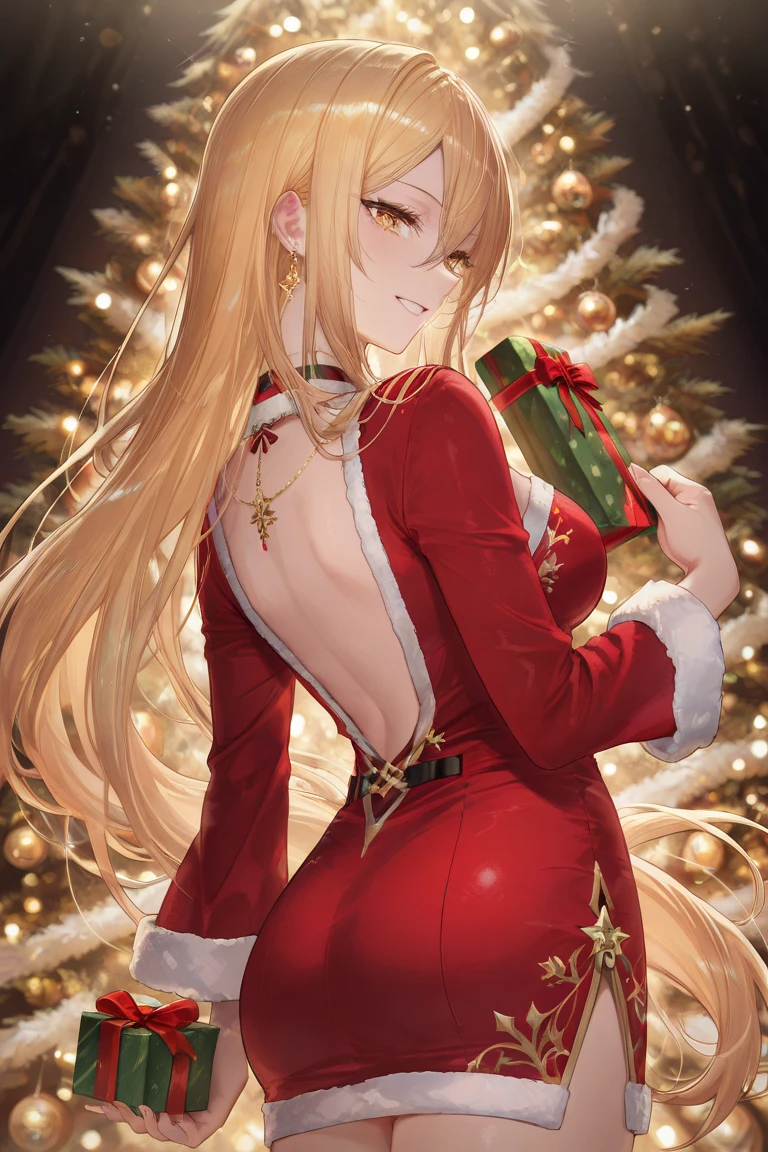 masterpiece, best quality, 1 solo girl, blonde hair, green eyes, long hair, wavy hair, Christmas ornaments, medium breasts, mature body and face, red christmas dress, christmas, christmas light, christmas tree, red gloves, red santa skirt, holding gift, red bra, red panty, leg up, cowboy shots, sexy pose, dakimakura, detailed body, face, and eyes, sharp focus, vibrant, creative, dynamic, high definition, high resolution, 8k, (Upscale: R-ESRGAN 4x+ Anime6B), (Image enchance:4x), voluptuous body