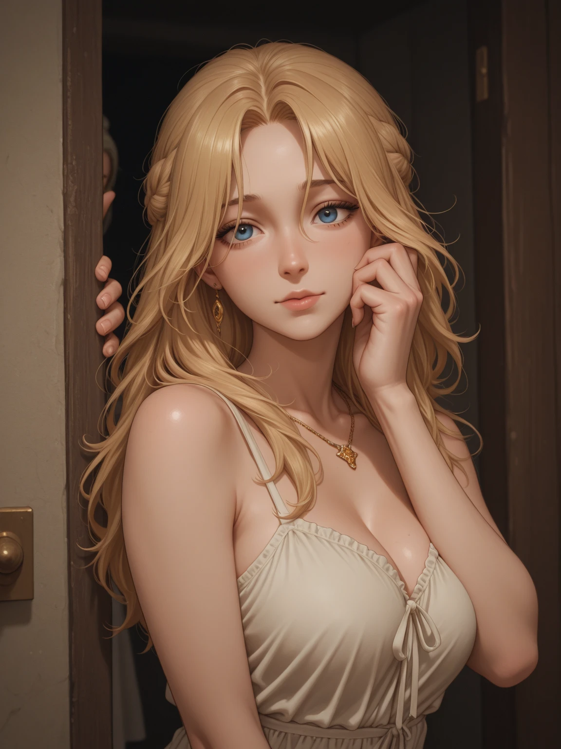 Best quality, masterpiece, ultra high res, (photorealistic:1.4), 1girl, offshoulder dress, deep shadow, shiny skin, Gorgeous 18-year-old woman resembling Abigaile Johnson, blonde hair, hair in front of face, , straight hair, soft pale skin, ab. small breasts, freckles