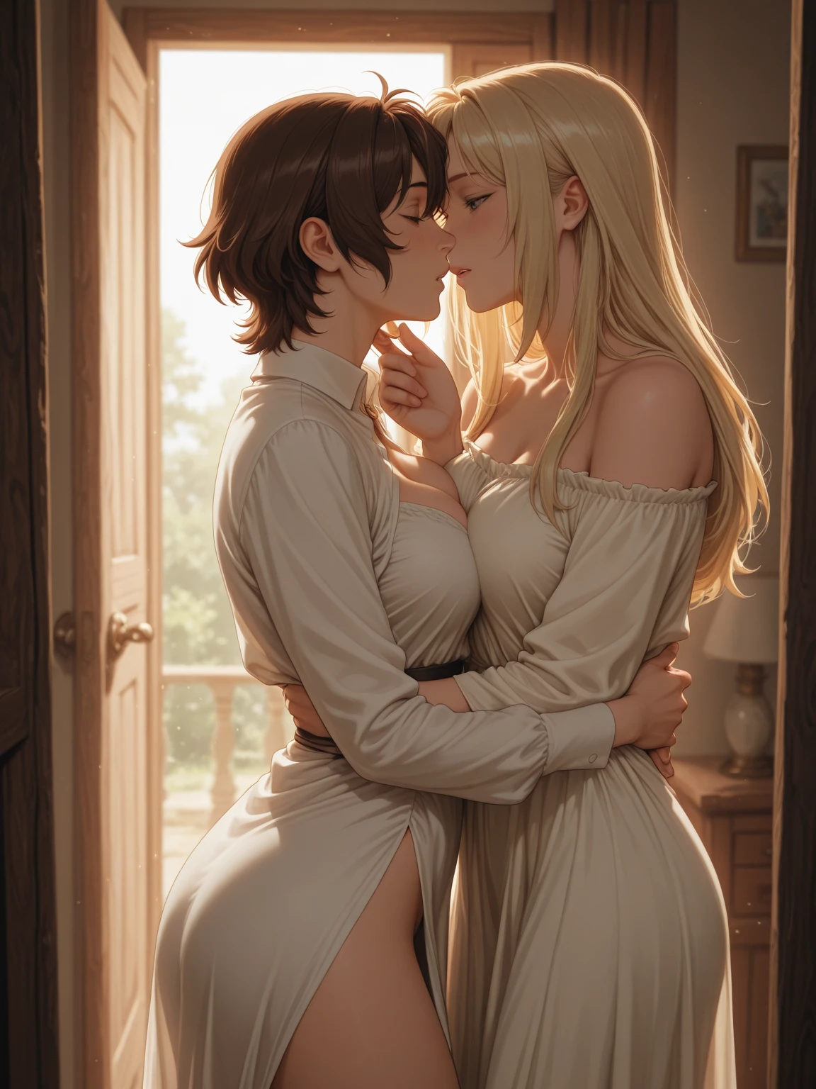 two girls hugging in bed, female link and malon kissing, First kiss, Grégoire and Manon, lovely kiss, A kiss is a wordless spell, fairy tale style background, One girl is blonde and has small ........、The other girl has red hair and big bre., Skinny Legs,, , Anatomy correctly, Accurate Hand Modeling,