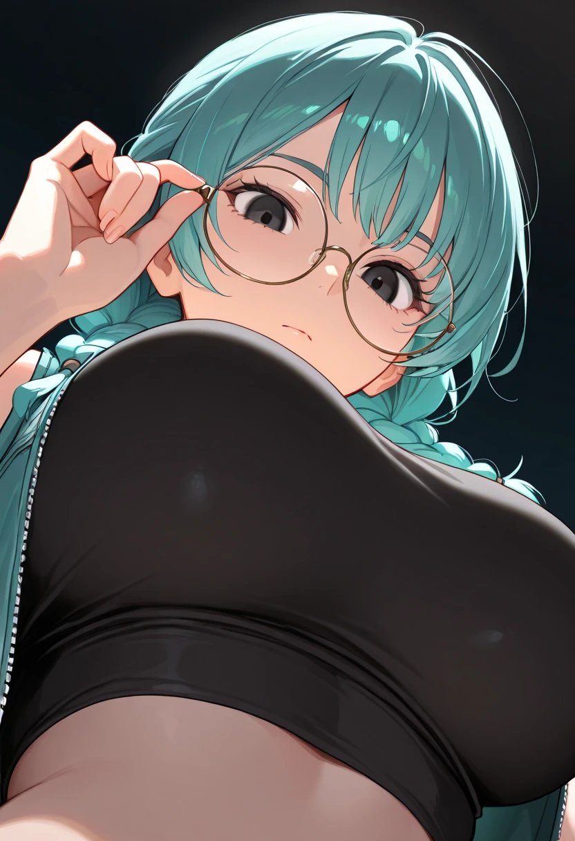 (Place both boobs on the table:1.5)、((night))、(Inside the restaurant)、(Sitting on a wooden chair)、Black choker、((Beige knee-length short-sleeved dress))、(corset)、((Long blue hair))、Blue-green eyes、Severe myopia、Red-rimmed glasses、Big Breasts、((Tired look))、beautiful teacher、24-years-old、highest quality、High resolution、anime