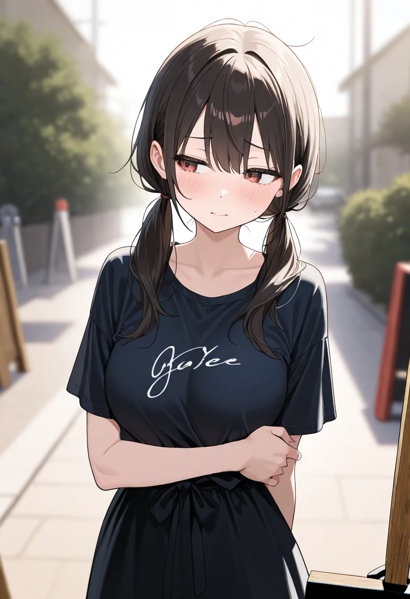 Realistic, outdoor, park, wide angle, raining, soaking wet, 1girl, shy POV, from above, standing, t-shirt, pants, twintails