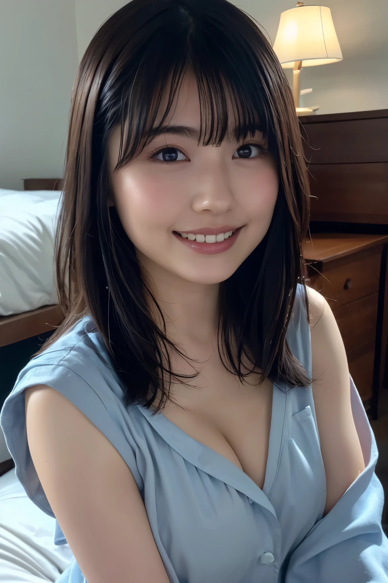 masterpiece,best quality,(Japanese ),((Beautiful girl)),cleavage,indoor,(perfect body beauty:1.2),(shy smile),beautiful teeth,