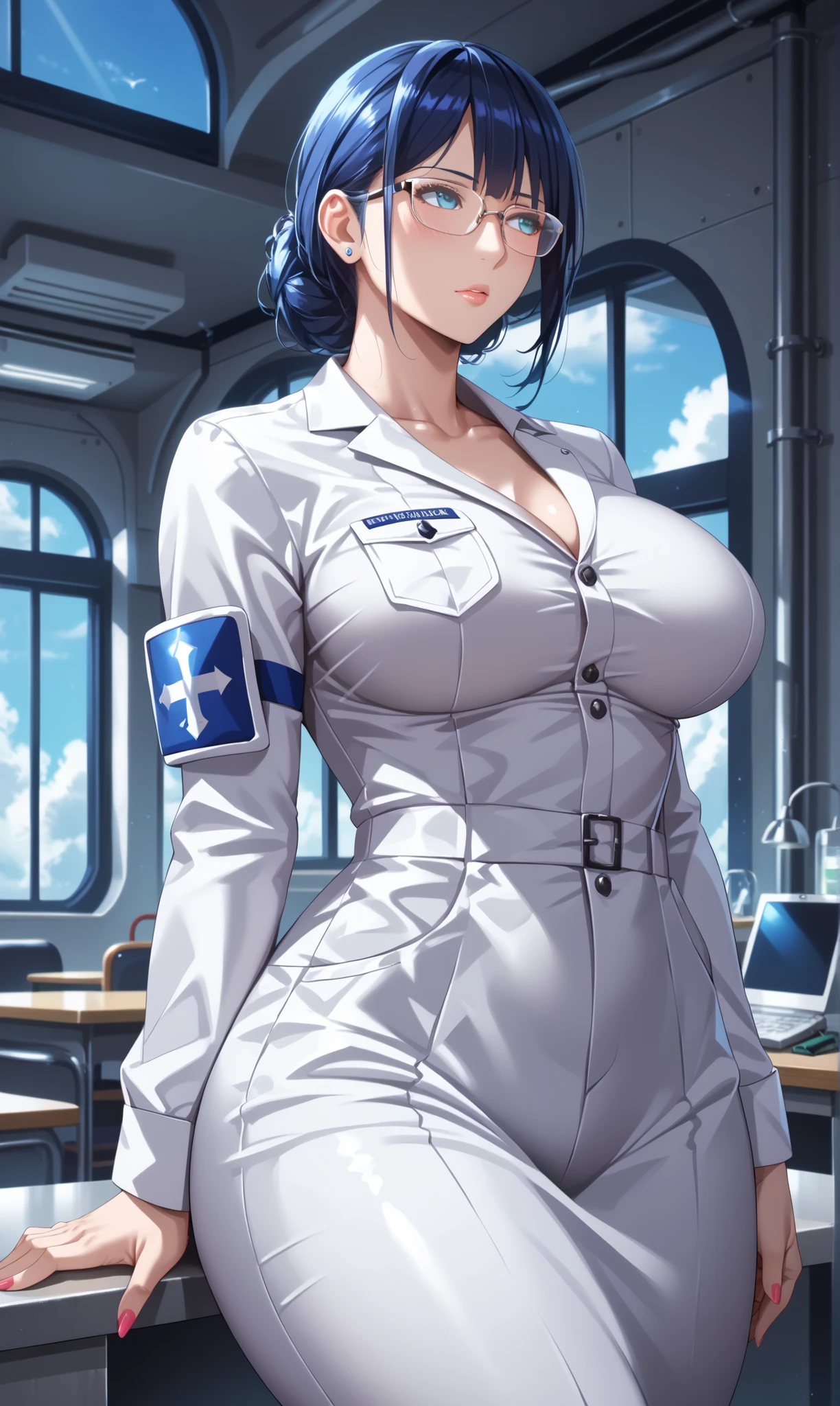 (masterpiece:1.2),(Highest quality),(Super detailed),(Ultra-high resolution),(Best illustrations),8k,wallpaper,Beautiful Woman, Hyūga_Hinata's, Large Breasts, Tall Curvy Body, Wearing Modern Paramedic Uniform, Working at Future Hospital, Wearing Lab Glasses, Looking To Space Sky From Window