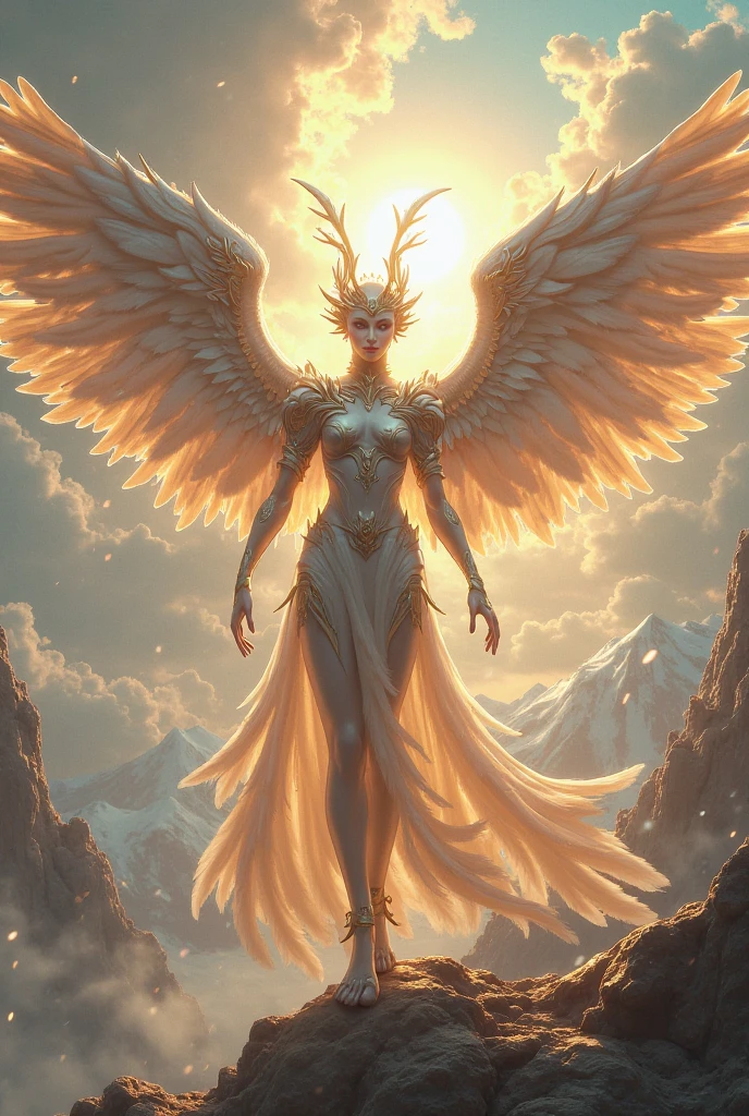 masterpiece, highly detail (beige, white, brown, : 1.3) (bird woman, megan fox face: 1.3), flying pose, sandstone mountain background with vegetation at the base, unity, cinematic lighting (extremely detail CG unit 8k wallpaper:1.1) (masterpiece), (best quality: 1.1), realistic, anime master style, perfect perspective
