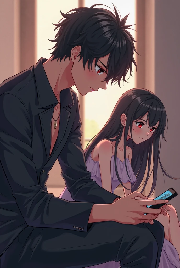 Make a teenage girl with long black straight hair, high, wealthy, White skin, with provocative clothing and next to her her friend a teenage male, homosexual, high, black curly hair, pale skin, wealthy with iphone both admiring the GOD OF FREE FIRE MAN