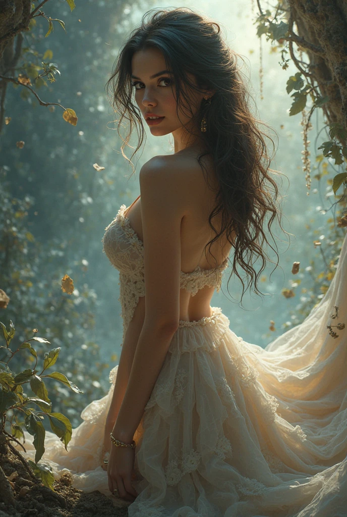 Gossamer Fantasy: A woman barely clad in a gossamer-thin garment, the intricate designs on the fabric drawing the eye while her pose suggests both vulnerability and strength