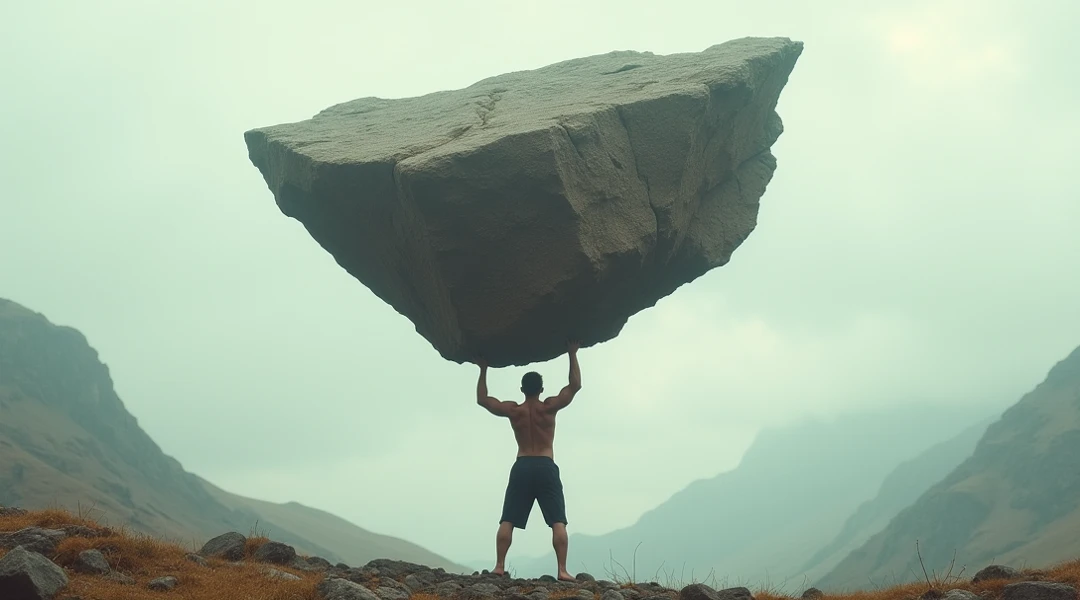"Create a striking image of a person lifting a massive stone with immense effort and determination. The scene should depict the individual straining and using all their strength to raise the enormous rock, which is significantly larger than them. Show the person with a focused, intense expression and muscular effort, highlighting their perseverance. The background can be a rugged, mountainous landscape or a dramatic, open terrain, enhancing the sense of the monumental task at hand. Soft rays of sunlight or a glowing aura could subtly highlight the person and the stone, emphasizing their heroic and extraordinary effort. The overall mood should convey a sense of great physical and emotional strength, illustrating the feat of overcoming a seemingly insurmountable challenge."









































