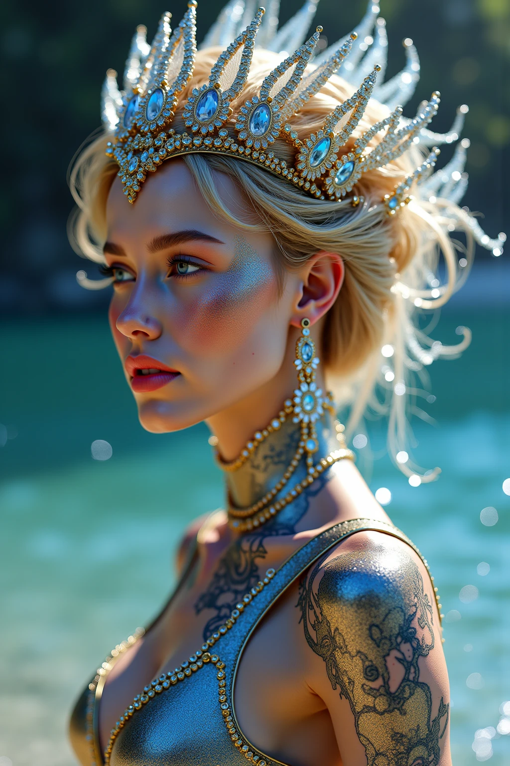 Young Amazon pale white skin, perfect, liquid metal gold, lingerie molten gold slime girl, cubren sutilmente su entrepierna tatuajes varios de diseños intrincados usa joyería con piedras preciosas su cuerpo es perfecto en forma de reloj de arena bien tornea y tonificado semi musculoso senos medianos firmes piel perfect su rostro es hermoso como una diosa sus ojos rasgados perfectos color azul hielo brillante sumamente expresivos sensuales que enamoran a quien los vea en el fondo se ve la selva cubriendo una ciudad futurista ella es una diosa en su máxima expresión 