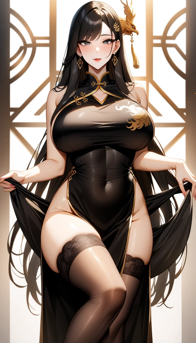 Masterpiece, very detailed, ultra detailed, one, (1 woman), she is in a simple witch's black dress with gold details, detailed witch hat and in an elegant position, super mature, tall, mom, mature mother, long hair, straight hair, super black hair, beautiful, charming, glowing bright golden yellow eyes, elegant, medium breasts (huge, torn), bare breasts, cheerful breasts, mother's face, cunning face, charming, white background, atmosphere of money and gold bars.