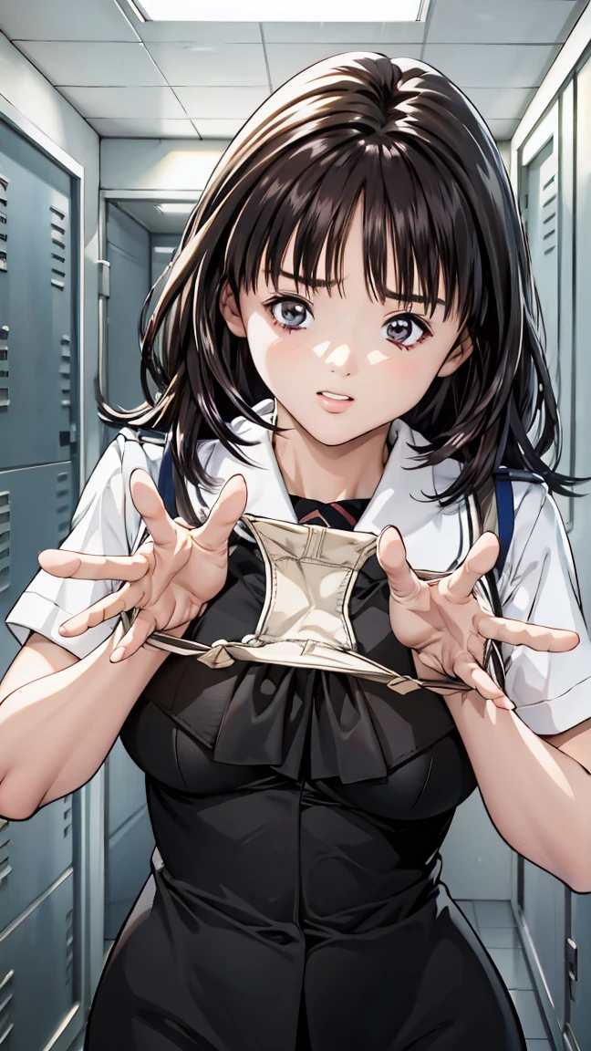 (Very detailed CG Unity 8K wallpaper),(masterpiece), (Highest quality), (Very detailed), (Best illustrations),(Best Shadow)、Large Breasts、crowd、Embarrassed and blushing。Purple eyes and very short purple hair、White blouse、Blue tie、Checked he is spreading her underwear open with both hands to show it off(Underwear with stains)、Beige cardigan、Dynamic Angle