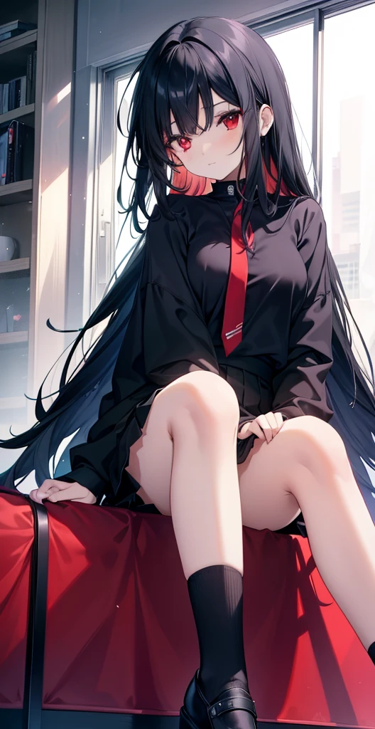 A woman with long black hair, wearing black silk knee-length socks, sitting on a classroom desk, with an orgasmic face, open legs, and open with both hands