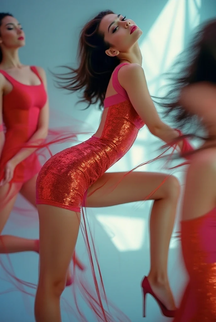 (Dancing pose, back view: 1.4), (full body photo: 1.4), RAW UHD portrait photo of a woman, (smiling face: 1.2) (Black straight hair: 1.0), (Large Breasts: 1.5), (joyful expression: 1.4), (White Dress), Background is Night Club, mesmerizing Grey eyes with high detail, (perfect anatomy: 1.5), (night time: 1.5), (neon light mood and tone: 1.5), (low light: 1.6).