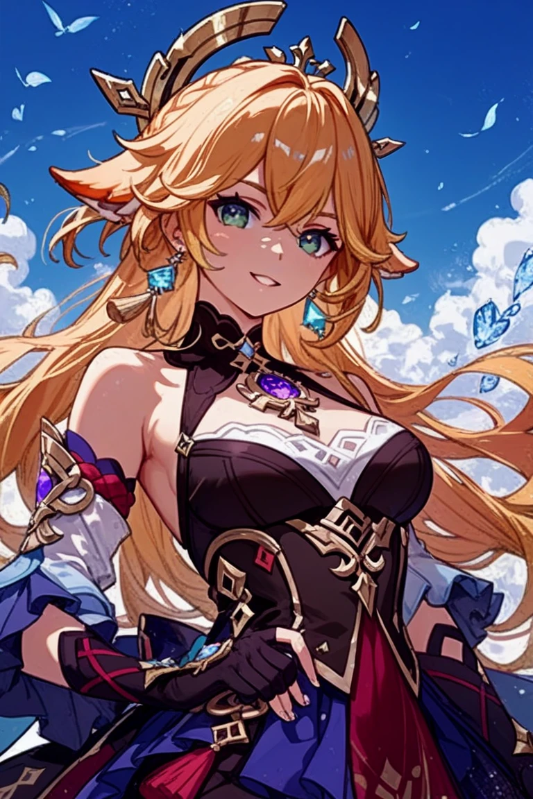 masterpiece, best quality, 1girl, (masterpiece), best quality, expressive eyes, solo, perfect face, long hair, goddess aesthetic outfit, long light blonde hair dyed with tint of pink color and with cute fluffy bangs well styled, hair dyed with pink color, detailed light blue eyes highlight light reflecting in her eyes, looking straight to the viewer, colorful lighting, lips, black shade of makeup on eyelids, fair skin, perfect hourglass body, she has sharp jawline, The artwork should have the best quality, with ultra-detailed and realistic features. The color palette should be vivid, and the lighting should emphasize the character's facial structure and expression. full body, standing,