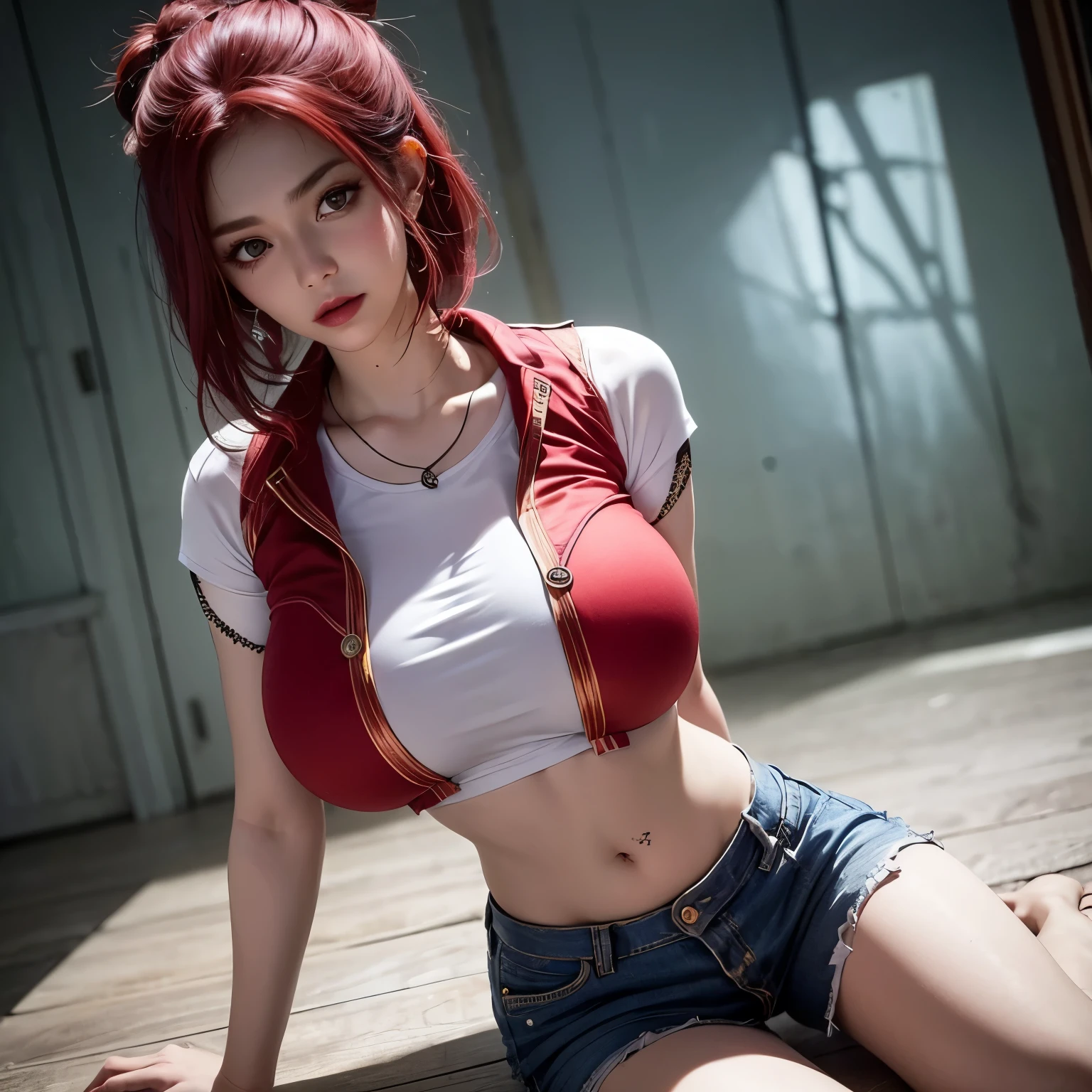 (8k, RAW photo, photorealistic:1.25) ,( lipgloss, eyelashes, gloss-face, glossy skin, best quality, ultra highres, depth of field, chromatic aberration, caustics, Broad lighting, natural shading,Kpop idol,red eyes, red hair, red clothes,red cap) looking at viewer with a serene and goddess-like happiness, Big round green eyes, The most beautiful face, medium and regular breasts, big hips, Super realistic, ((pale white skin)), ((perfect slender body 1.3)), ((Strapless blue top, black short straight skirt, black long boots)), no underwear, porn and sex position, hentai, sex