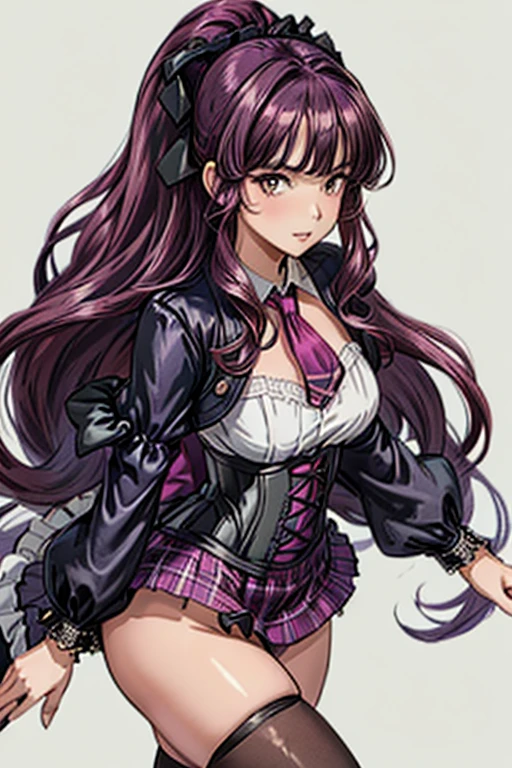(cowboy shot: 1.5), (white background, simple background: 1.5), (masterpiece:1.5), (big breasts: 1.5), (1 girl: 1.5), young woman, (Beautiful Girl:1.5), (extremely detailed and delicate anime face and eyes:1.5), whole body, (natural light, HDR, extremely details CG:1.3), (dynamic posture:1.3), {correct body anatomy}, (wide hips: 1.3), (perfect hands: 1.5), single focus, toned body, Beautiful Lips, thick lips, {surreal}, {correct posture}, {minutes details}, {detailed body}, {detailed clothing}, (Bright Eyes: 1.3), (cleavage: 1.3), {accessories}, {sexy}, (school uniform: 1.5), high school student outfit, (school jacket: 1.5), long sleeves jacket, (open jacket: 1.3), short skirt, (pleated short skirt: 1.3), (thigh-high legwear: 1.3), (black legwear: 1.5), (lace collar with tie: 1.3), ribbon tie, (high heel boots: 1.3), earrings, necklace, hairclip, (medium long hair: 1.5), (two-tone hair: 1.5), (dark green hair with purple streaks: 1.5), glowing hair, (quiff: 1.5), (bright lilac eyes: 1.3),