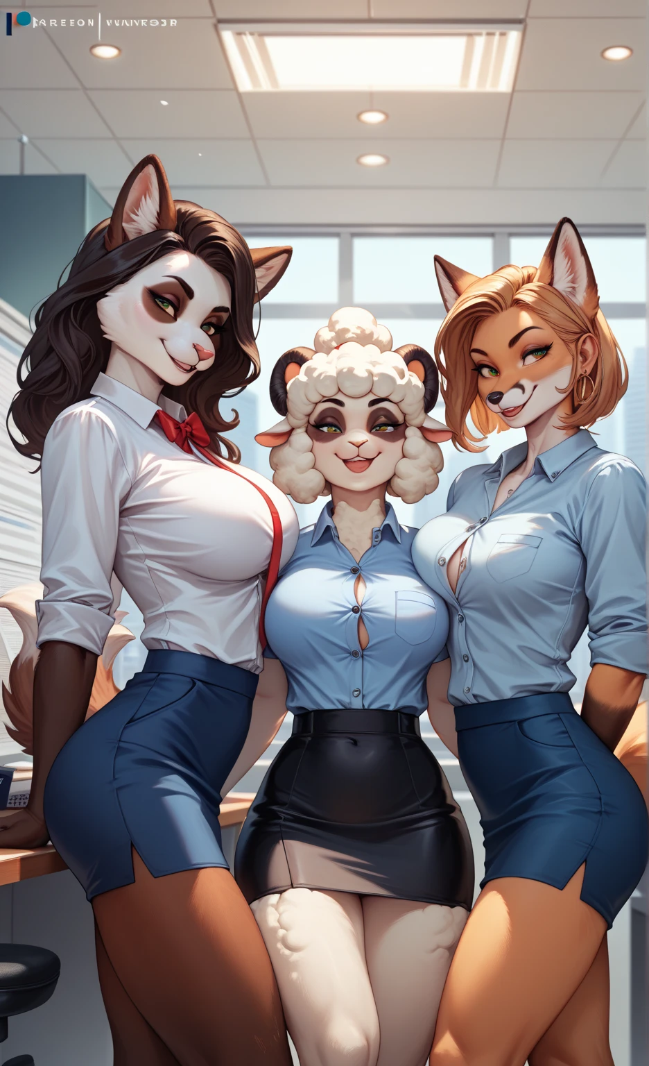 score_9, score_8_up, score_7_up, score_6_up, score_5_up, score_4_up, (four girls), female anthro hyena, secretary clothes, skirt, lusty, fluffy body, long blond hair, turquoise eyes, (thick thighs:1.5)((( offering the breasts))) sex partial clothes, (((cleavage))) semi-butonned uniform niform, (barely_visible_booba) (she is standing) , giant breasts, garter belt tights 