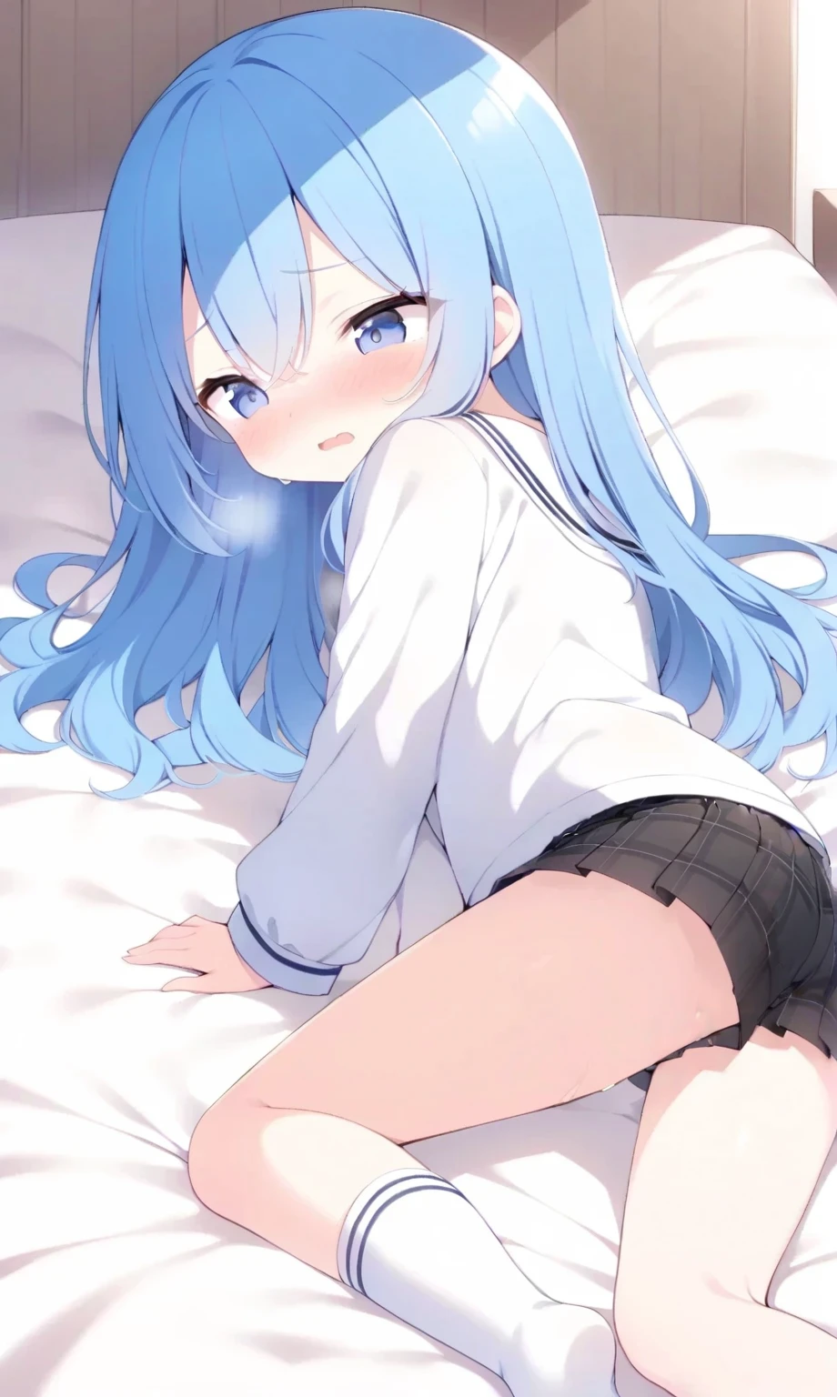 Cute anime girl, long hair, cute ,light blue hair, cat ears, blue eyes, white large hoodie, bare thighs, bare legs, laying down in bed, hugging a white fluffy teddy, worried face, crossed thighs