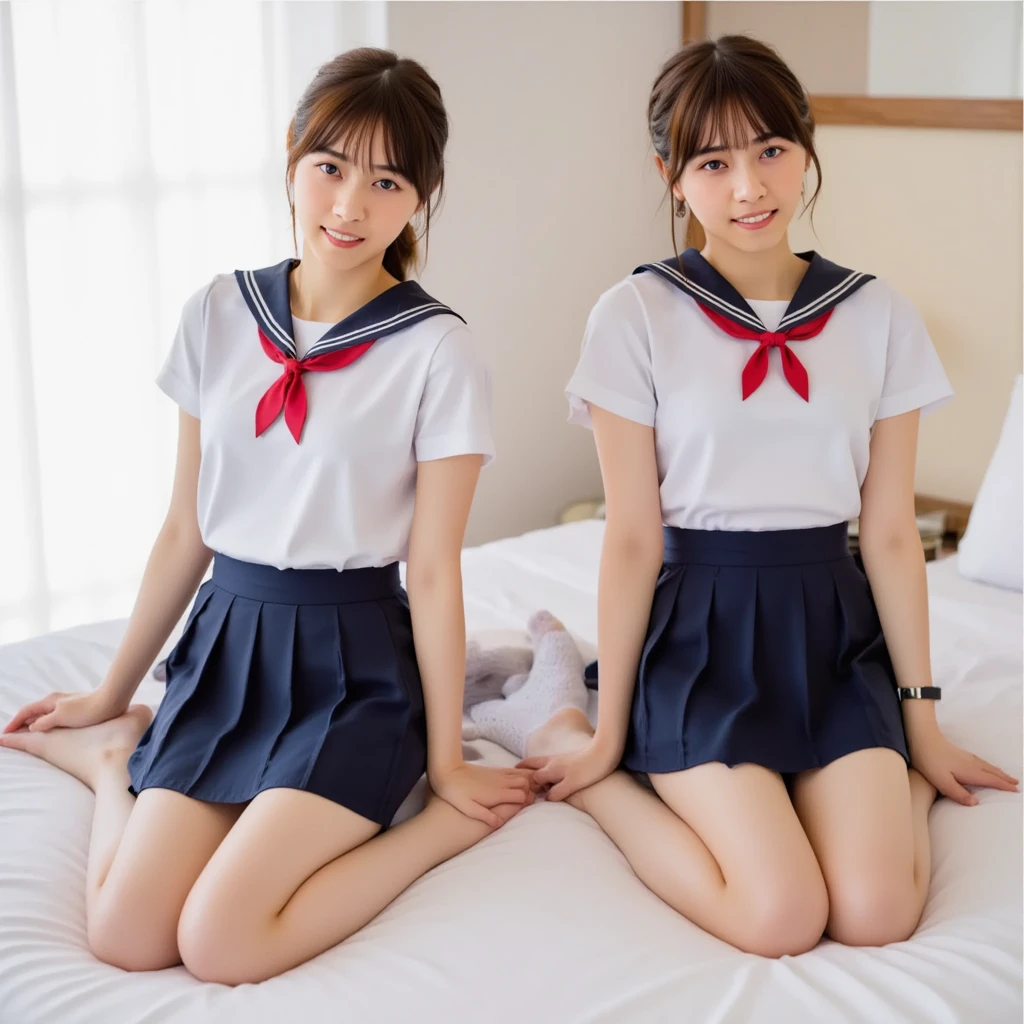 （realistically， A high resolution：1.3），15 year old girl， 1 girl with perfect figure， The face shape and eyes are super delicate，Brown hair， Japanese high school girl，jk，high school school uniforms，sittinng on the desk，Open your legs，Pubic hair shows through，white  panties，Bright classroom，glowing hairs，