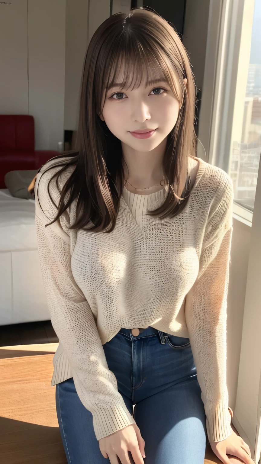 valentine chocolate gifts、realistic、1 girl、light brown hair、blonde、smile、white sweater、Thighs、18-year-old