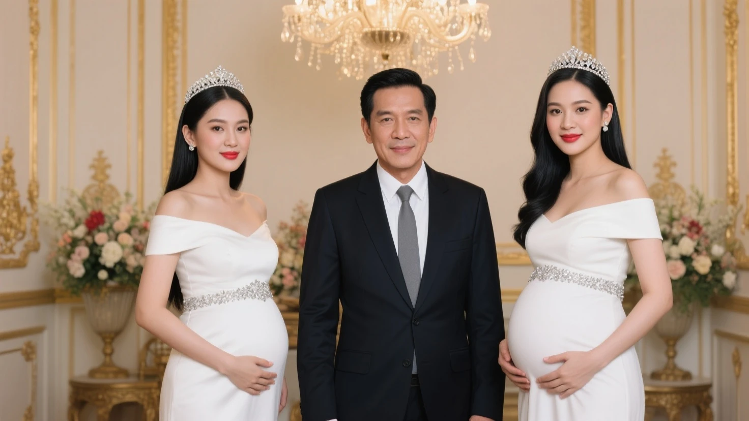 1 Family, Potrait of 3 wife Indonesian-chinese girl,1 Indonesian boy (24 years old(husband)), Harem (Polygamy),  fit body, bbw body,sexy model,curve body,shap body,smile, pake bikini,merah,ungu,kuning,biru,silver,oren, sedang di pante