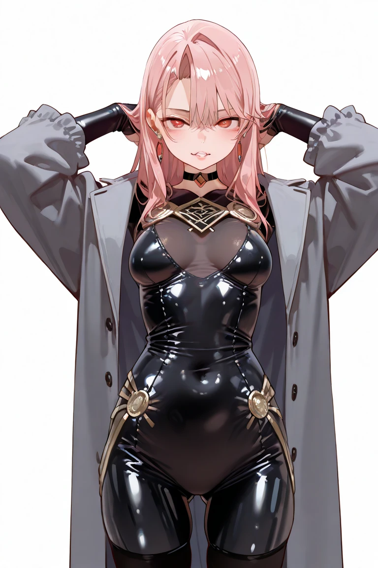 1girl, anime, cute girl, rogue, blank background, white background, fantasy, very detailed dark leather fantasy outfit with highlights, beautiful face, beautiful eyes, dark colors, assassin, medium breasts, slight cleavage, beautiful skin, cute, pink hair, breast curtains, extremely delicate and beautiful, (beautiful detailed face:1.0), (detailed deep eyes), symmetrical breasts, deep eyes, steam, shiny skin, portrait, slender waist, hips wider than shoulders, thighs