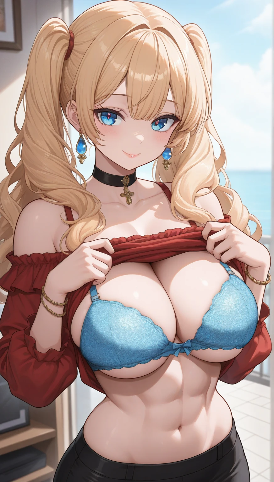 (masterpiece:1.2, best quality:1.2, beautiful, high quality, highres:1.1, aesthetic), detailed, extremely detailed, ambient soft lighting, 4K, perfect eyes, perfect face, perfect lighting, 1girl, solo, takamaki anne, twin tails, blonde hair huge ass, huge breasts, huge thighs, narrow waist, wide hips, thick thighs, curvy, harem girl, harem dancer, silk loincloth, metal bra, face veil, jewel, smile,