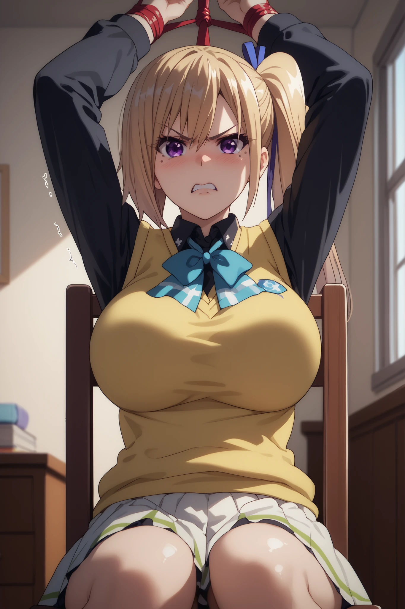 Mai Kawakami,1girl,solo,angry,mad,blush,mole,mole under eye,long hair,side ponytail,purple eyes,ribbon,hair ribbon,sweater vest,looking at viewer,school uniform,large breasts,white skirt,oily skin,shiny_skin,good_hands,sit,,cowboy shot,legs spread, BREAK indoors, bedroom, messy bedroom, windows,night light, Pov Bondage Chair legs up,arms up,dutch angle, trembling,hands tied))) front view