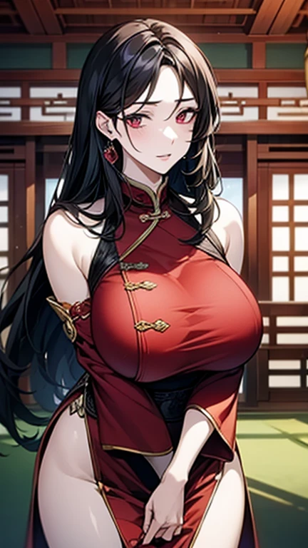Chinese transparent silk dress, hair adornments, necklace, jewelry, Long hair, Earrings, Chinese clothes, Big boobs