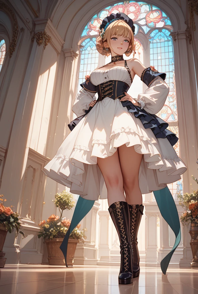 There is a woman in a short white dress and black socks, rim inspirado, 2b, 2 b, 2nd B deny automata, 2 b de negar automata, 2nd B of denying automata, negar : automata inspired, negar:automata inspired, Curvando, negar, lit from behind, Negar autoamata |, rastejante, Nier 2 B, de joelhos