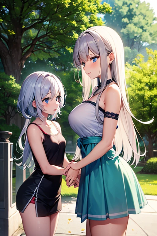 (Very detailed CG Unity 8k wallpaper)、(masterpiece)、(highest quality)、(Very detailed)、(Best illustrations)、(Best Shadow)、((3By people))、3People Girls、back、Different hair colors、Different poses、Green Eyes、Big Eyes、Big Breasts、whole body、A dress with a bold back view、noon、Clear skies、Lush green park、high resolution、whole body、Sweat、Bright hair color、short hair、Shiny skin、Shiny texture