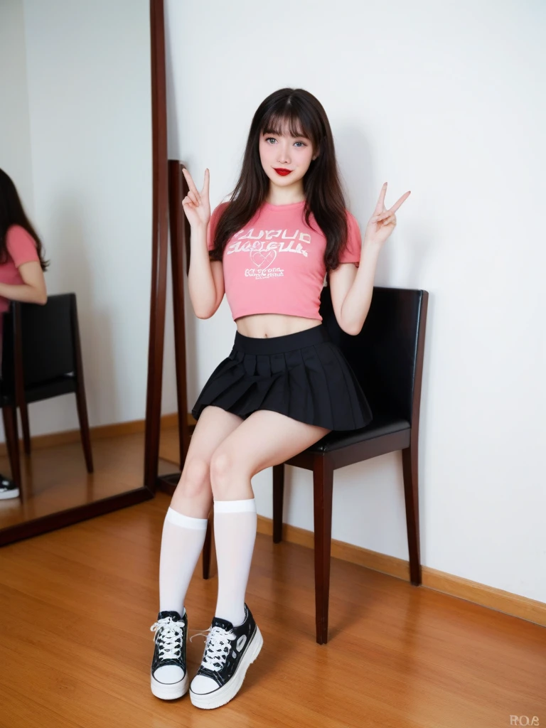 ((highest quality、8k、masterpiece:1.3)),((((fullbody shot)))),Ultra-high resolution,big eyes,Japanese,bangs,(a girl),(1 girl),((20 years old)),((facing at viewer)),(long hair),grin,((pink shirts)),((pleated black skirt)),((squatting)),(((pussy))),((pubic hair)),((skirt lift)),(((short crew socks))),(((black platform shoes)))