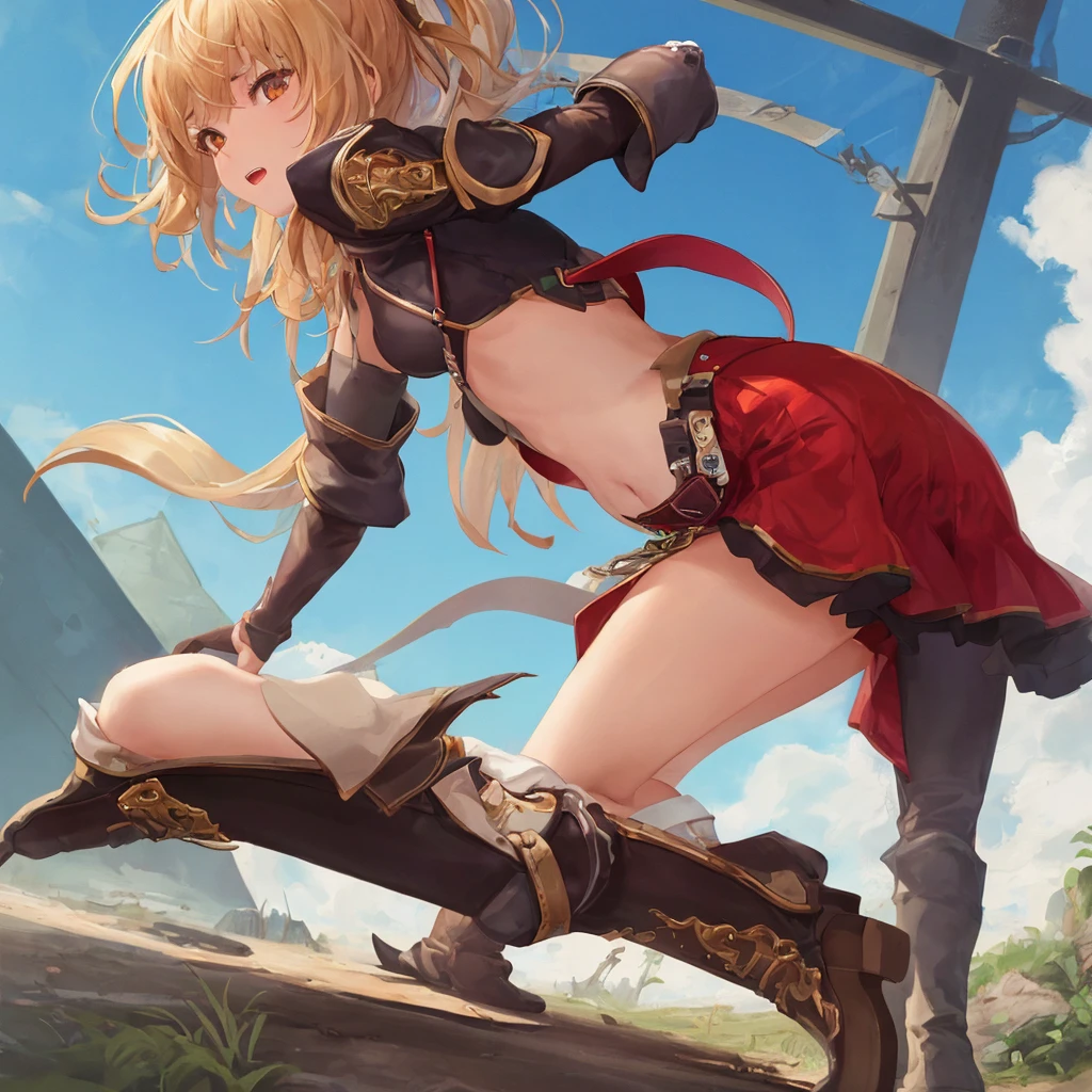 Ultra-high definition image quality、beautiful girl、Female Swordsman、Light armor、Greeboots、Long Hair、blonde、20-year-old、intimidating face、Very short tight skirt、Cowgirl、wilderness、Highest quality,Big Ass、Big Breasts、Thighs、Holy Sword Excalibur、Black panties、Jump by kicking off with your feet、Joan of Arc style、Wind King Barrier、Her hair is flowing in the wind、The sword of promised victory