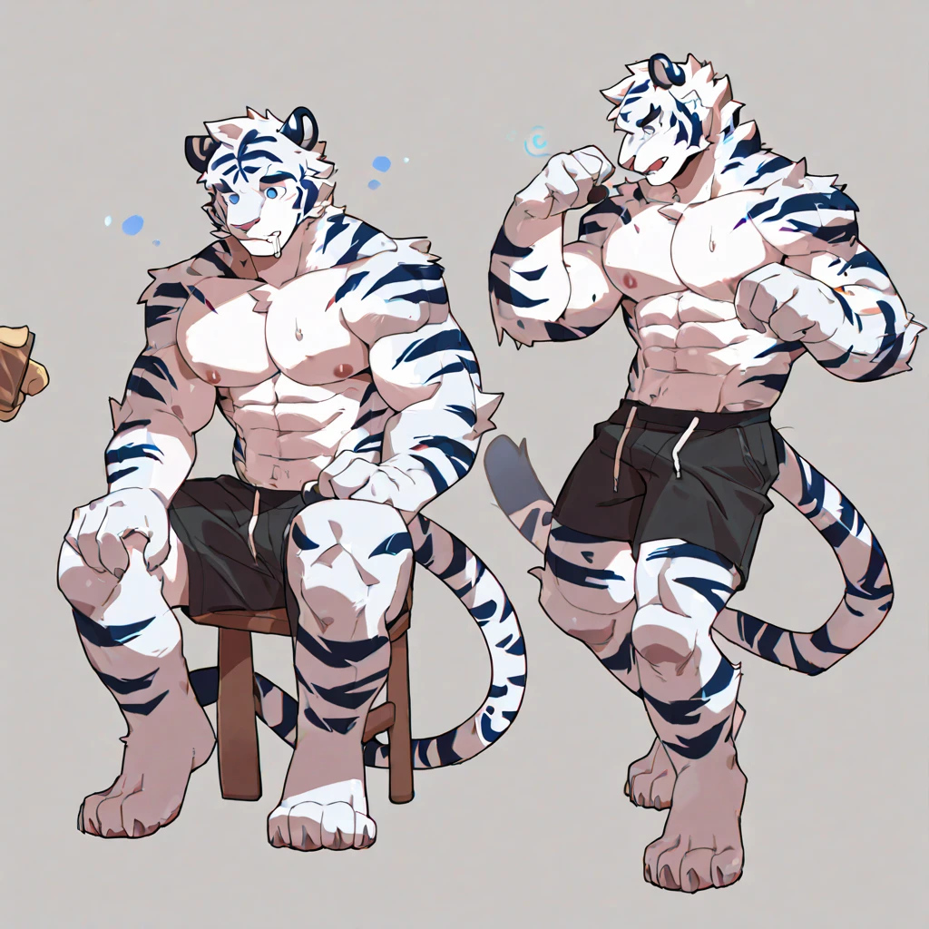 Tiger, By Haps, 1boy, abs, animal ears, bara, bulge, full body, white background, Seminude, Boxers, Character sheet Reference, Full body, backwards