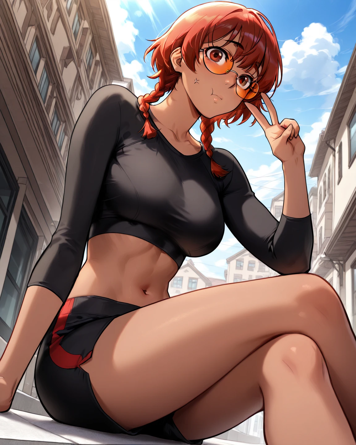 #Basics A girl is posing for a photo, animeのかわいい女の子, (((One Girl, Baby Face, 16 years old))),
BREAK
#Clothing Accessories
(Black camisole + Denim skinny pants + Black leather belt + Black High Heels + Red thick frame glasses:1.4),
(big silver necklace, Gold hoop earrings),
BREAK
#Features
(Matte pink hair:1.4, Bangs that expose the forehead:1.4, Wavy Hair, Hair fluttering in the wind, Vertical rolls and side-length hair down to the chest, Long vertical rolls in the back),
(Droopy eyes,blue eyes), (Small breasts),
BREAK
#expression
(smug face, Grin),
#background environment
((noon, Sunshine, garden, Under a big tree)),
#composition
(Turning your body to the viewer:1.4, from below:1.4, Dynamic Pose, Cowboy Shot:1.4),
BREAK
#Body parts elements
(Beautiful Hair,Shiny Hair),
(double eyelid, Long eyelashes),
(Expression of fine eyes, Beautiful and delicate eyes, Sparkling eyes, Eye Reflexes),
(Human Ear),
(Beautiful Nose, Thin Nose),
(Glossy lips, Beautiful Lips, Thick lips), (Symmetrical facial features),
(Detailed skin, Textured skin, Beautiful Skin),
BREAK
#Quality
(((highest quality)), ((masterpiece)), ((Very detailed))), ((High resolution), (16k,1080p)),
(Realistic), (Anatomically correct),
((comics, anime)), (3DCG), CG illustration,