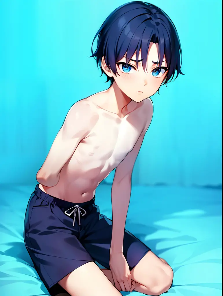 ((((masterpiece)))), high quality, perfect face,(best quality), expressive eyes, shirtless, cute boy, chuckle, ((blue swimming brief)),(dark skin), all fours, black hairShort hair, (((bed)))