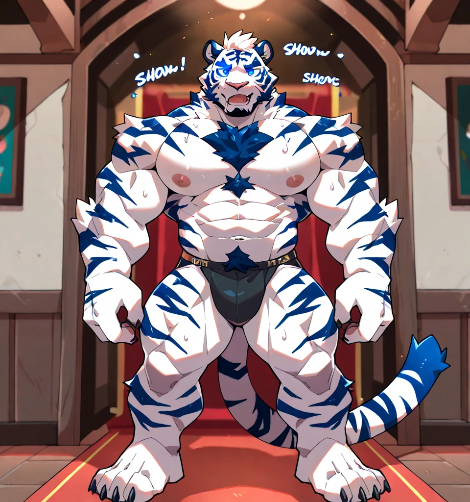 weregarurumon, 4k, high resolution, best quality, posted on e621, solo, anthro body, older male, adult, very masculine, (very muscular, well defined muscles, strong pectorals, heavyweight:1.2), correct anatomy, (white background, no background:1.2), (by wfa:1.2), (by spelunker_sal, by negger:1.0), (speedos, bulge:1.0), (detailed eyes:1.2), (cel shaded, cartoony colors:1.2), confident, proud, two point lighting, front view, (full body:1.2)