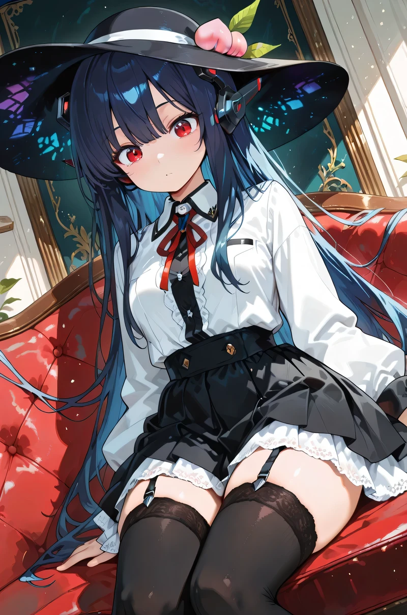 ((masterpiece, best quality, amazing quality, high detail)), (absurd, very beautiful), (high detail background, light), ( beautiful eyes, Vivid Expression , slit , Beautiful dark blue long hair, headgear), [BREAK, Loose style, shirt Transparent decoration, Flowing pleats:1.1, garter belt, Movie Angle ,sitting, Playful expression, Medium-long dark blue hair, Straight fit, black wide-brimmed hat with peach, white button-down shirt with black trim, Young woman with red ribbon, layered skirt with colorful patterns, black thigh socks, bare thighs, relaxed position, Dark Red Eyes
