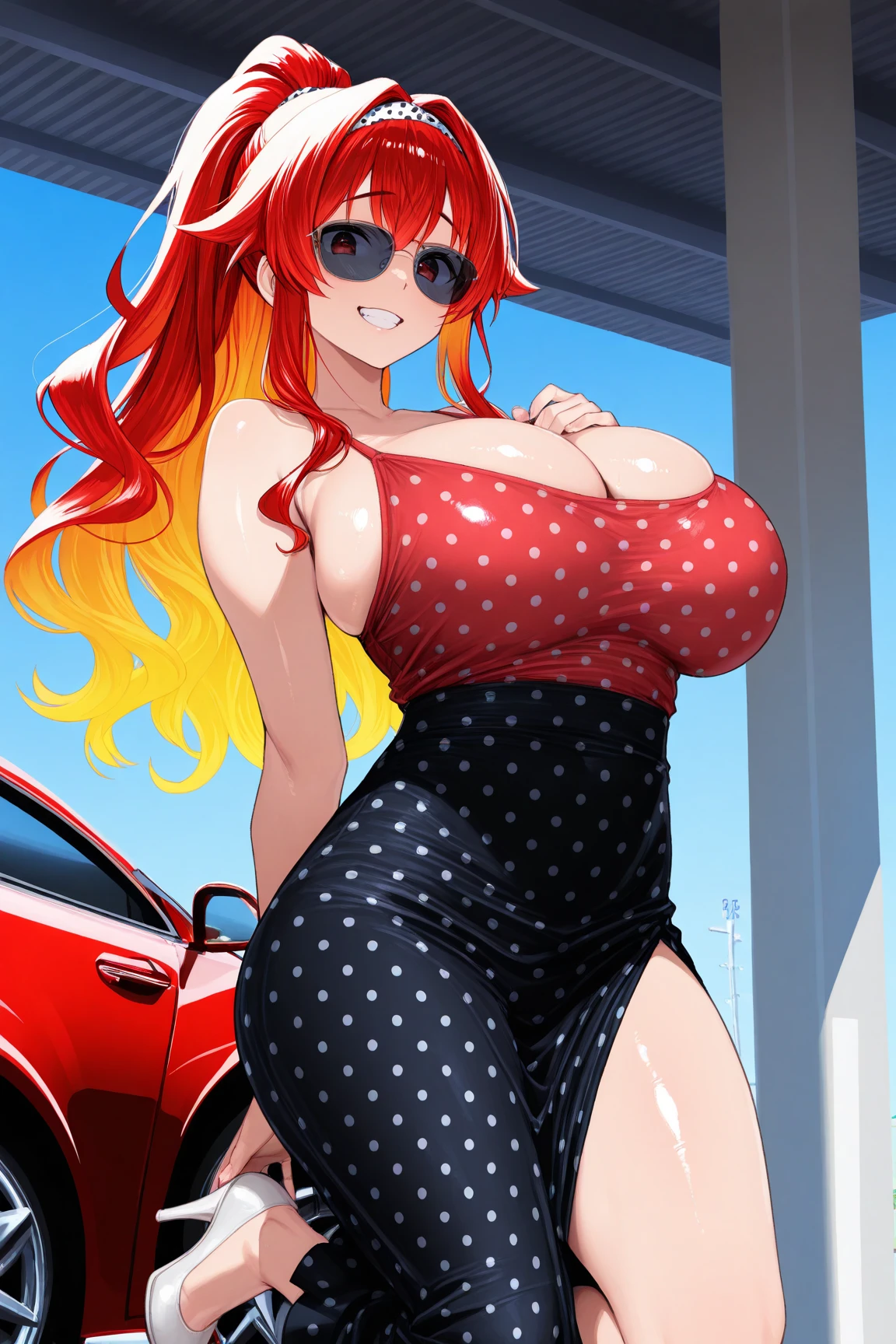 Code Geass, Kallen Stadfeldt 1girl, (((bimbo))), short red hair, ear rings, puffy lips, painted lips, thick lips, wide hips, thick thighs, big breast, huge ass, revealing cleavage, erotic, Smile face, bubble butt, camel toe, Breasts, red dress, sitting on car hood, night time