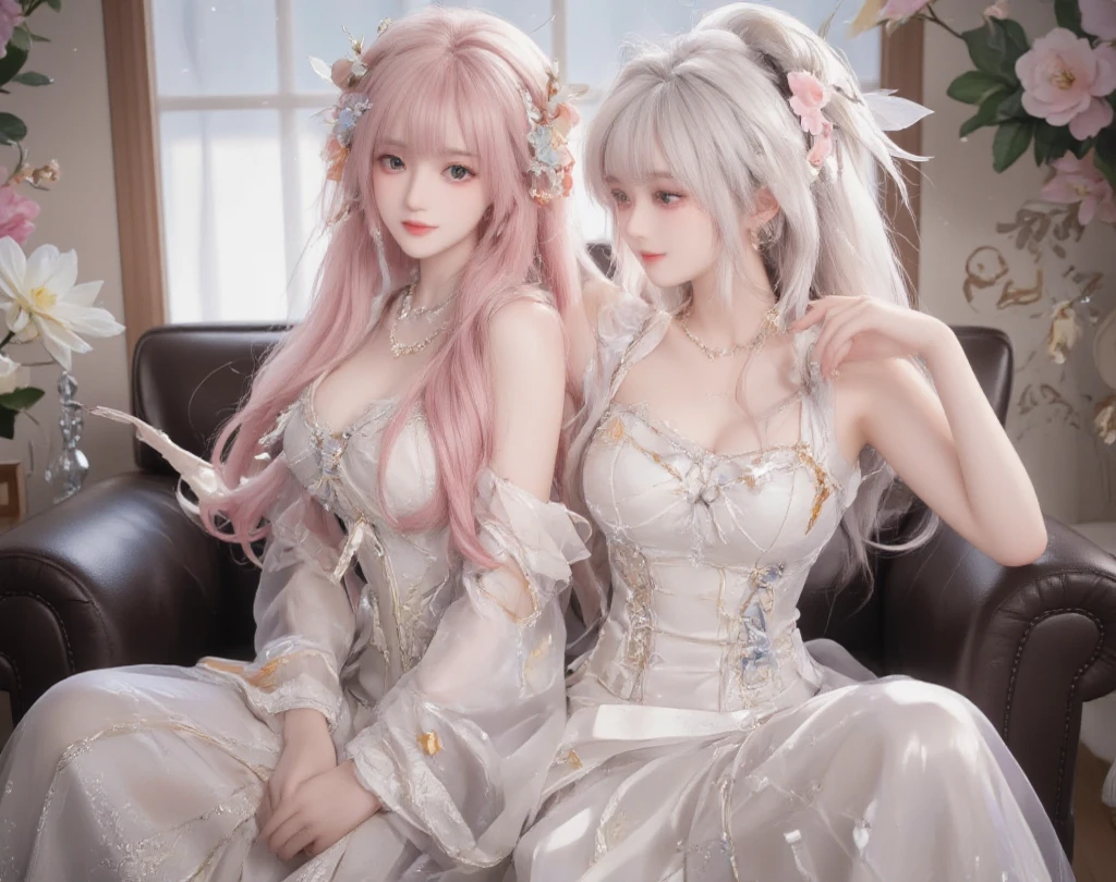schoolgirls，Beautuful Women，Smooth long hair，Gentle eyes，angelicales，The picture is beautifully carved，Soft mood lamp，Delicate facial features，High picture quality，A masterpiece，Girly，The right proportions，Two-dimensional style，Nobility and nobility，Gorgeous gemstones，Dancing long dresses，Luxury clothing，Long flowing hair fluttering，Metallic luster and nobility，Bright and spirited, Eyes are like gemstones，small, Rounded face。Gradually nothing
